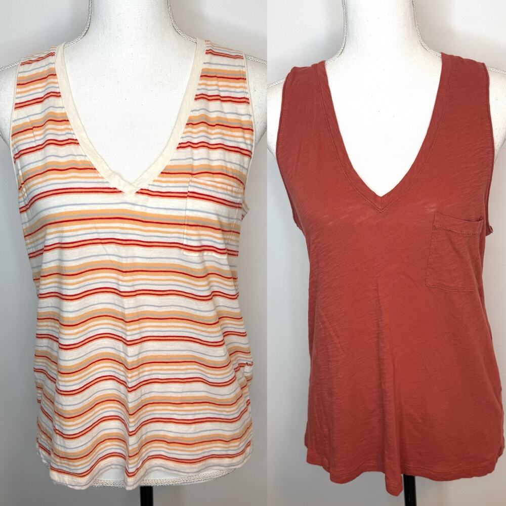 Madewell Whisper Cotton V Neck Pocket Tank Bundle Striped Solid Orange Medium